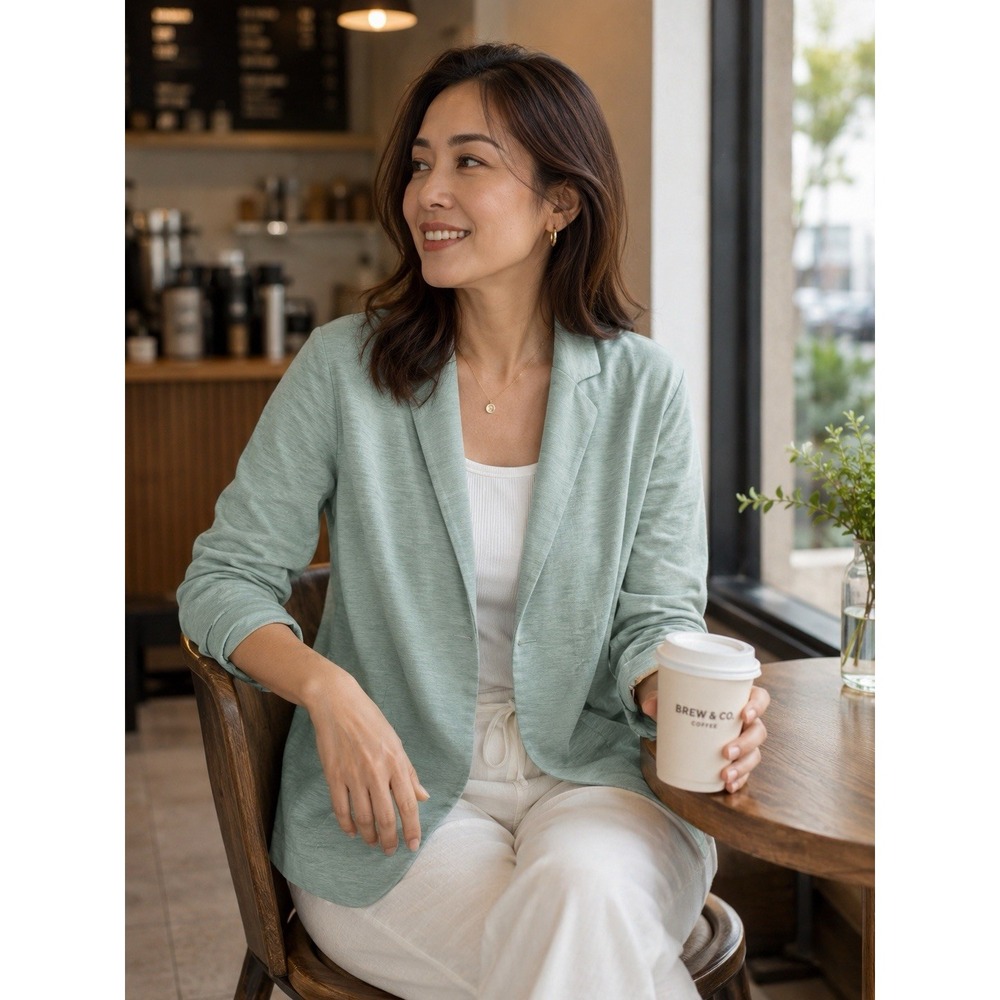 Chico's Slub Knit Cotton Modal Open Front Blazer Jacket Women's Size 1 US M Sage